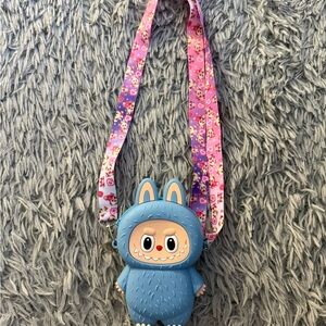 Blue Monster Crossbody Bag with Pink Strap
